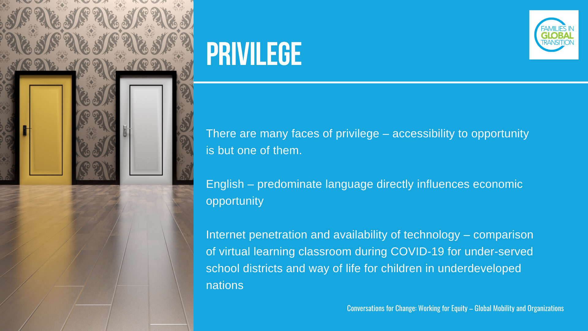 Privilege: There are many faces of privilege – accessibility to opportunity is but one of them. English – predominate language directly influences economic opportunity Internet penetration and availability of technology – comparison of virtual learning classroom during COVID-19 for under-served school districts and way of life for children in underdeveloped nations
