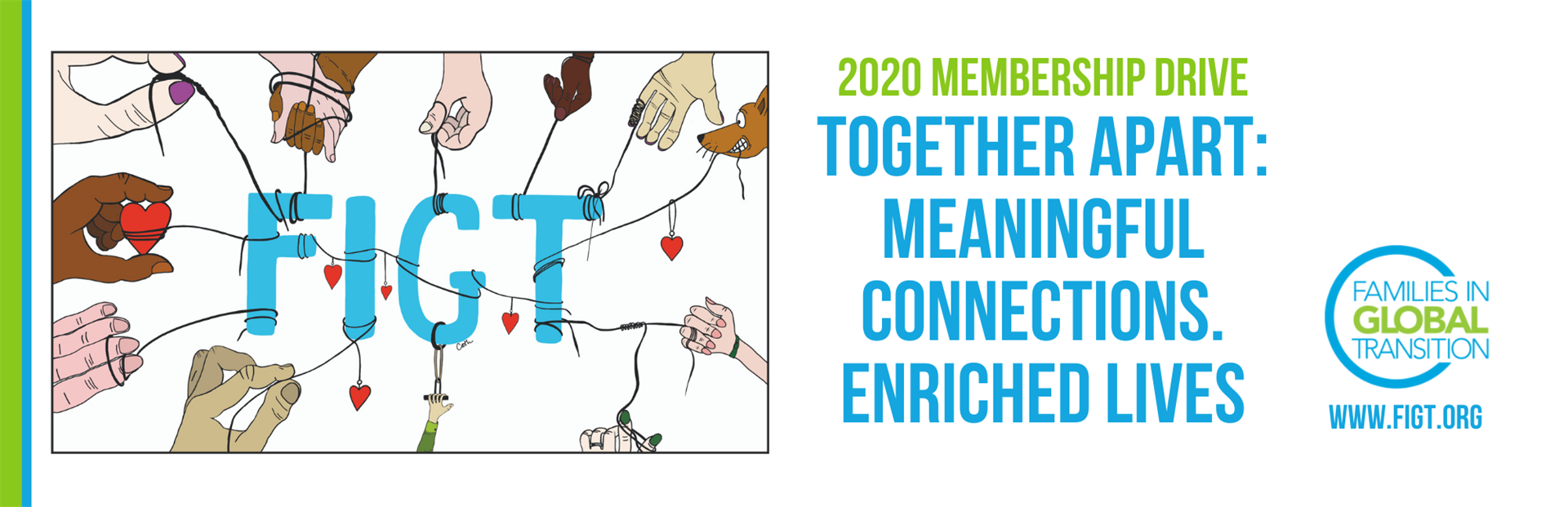 Blog title: 2020 membership drive. Drawing of many hands holding strings connected to the letters FIGT. Drawn by Cath Brew