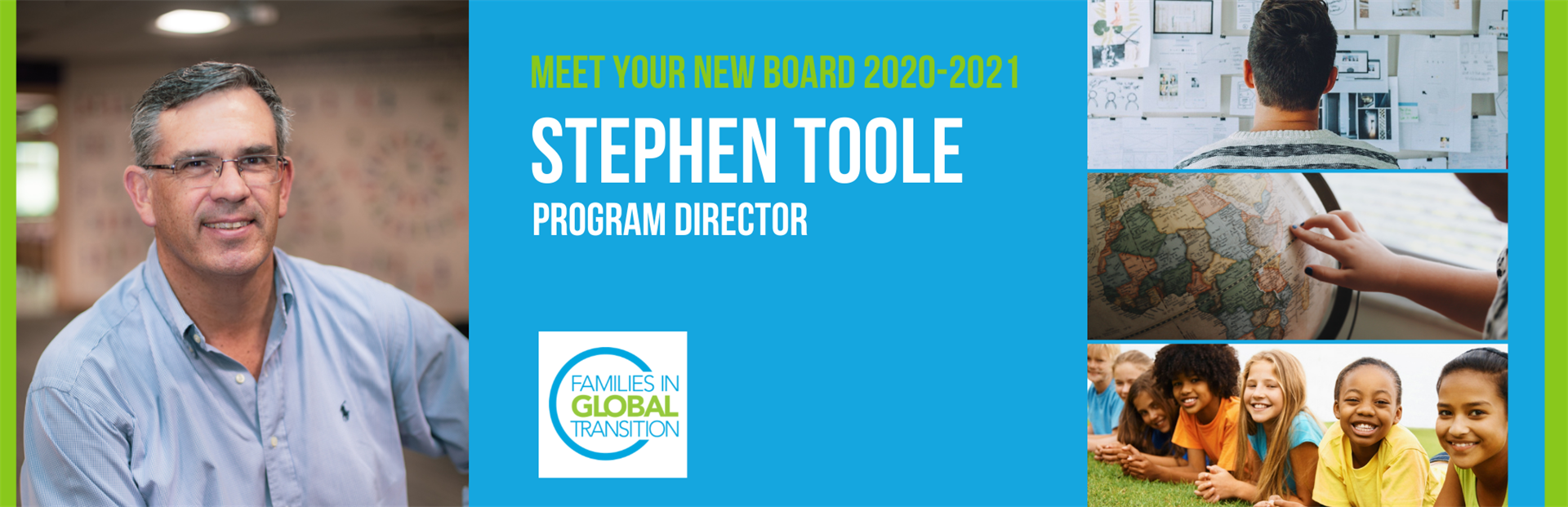 Banner with blog title, meet new board 2020-21 Stephen Toole, Program Director