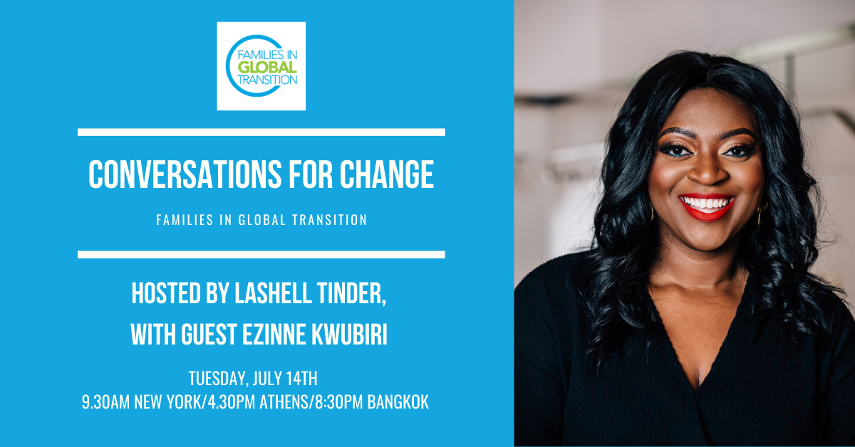 Flyer of Conversations for Change on 14 July 2020, with LaShell Tinder and Ezinee Kwubiri